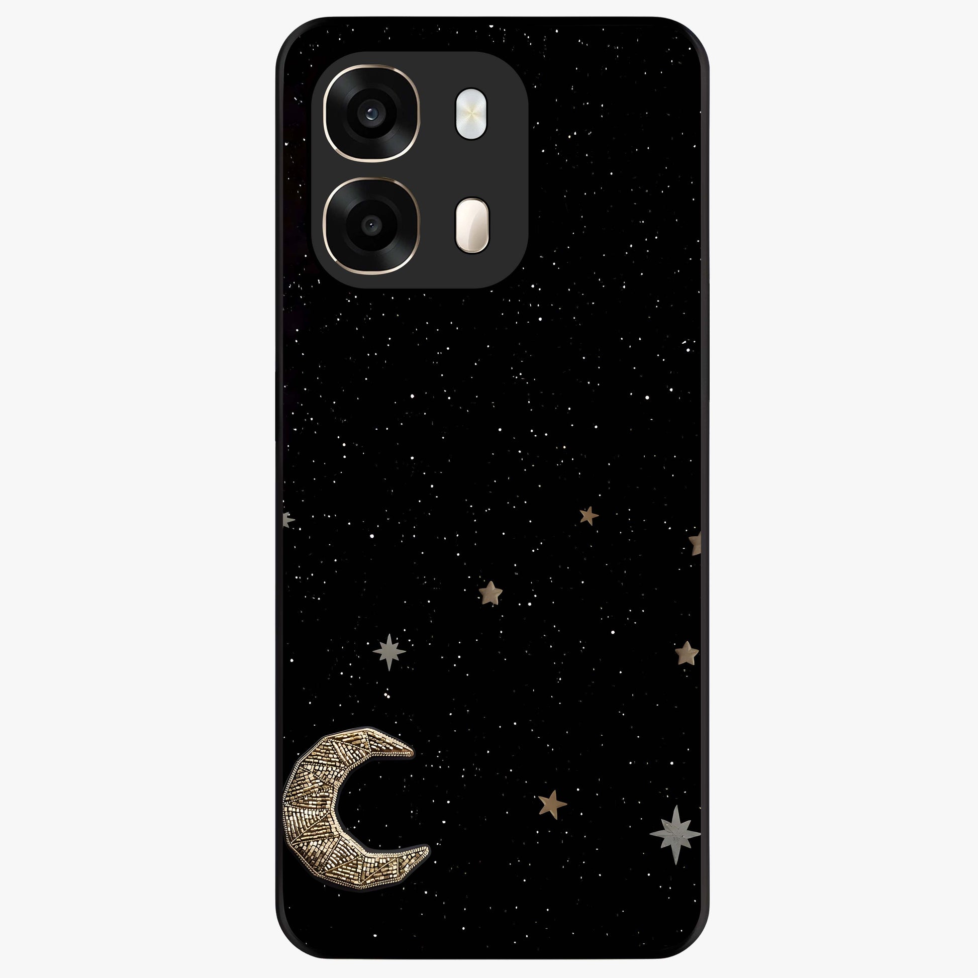 Twinkle Star With Half Moon Glass Case showing flat back view with star and half moon artwork and glossy glass finish.