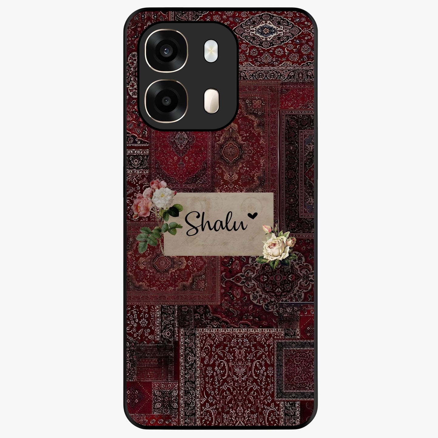 Velvet Wine Pattern Custom Name Glass Case showing flat back view with elegant wine colored pattern artwork and personalized name design.