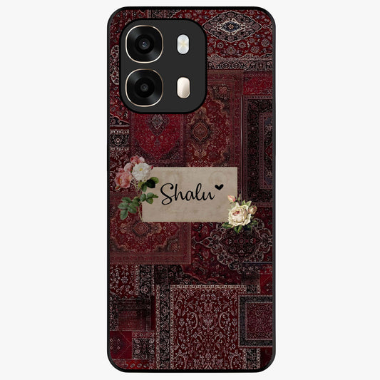Velvet Wine Pattern Custom Name Glass Case showing flat back view with elegant wine colored pattern artwork and personalized name design.