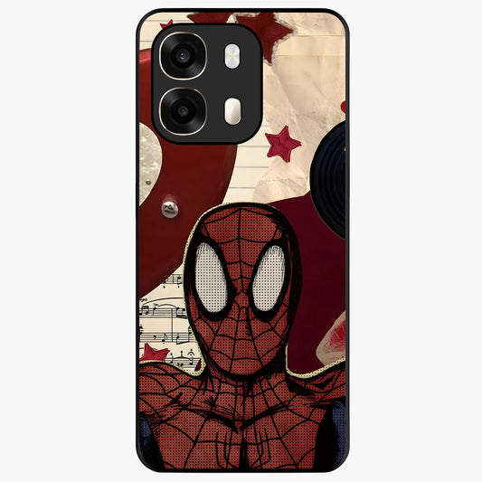Web Warrior Vibes Glass Case showing flat back view with superhero inspired web themed artwork and glossy glass finish.