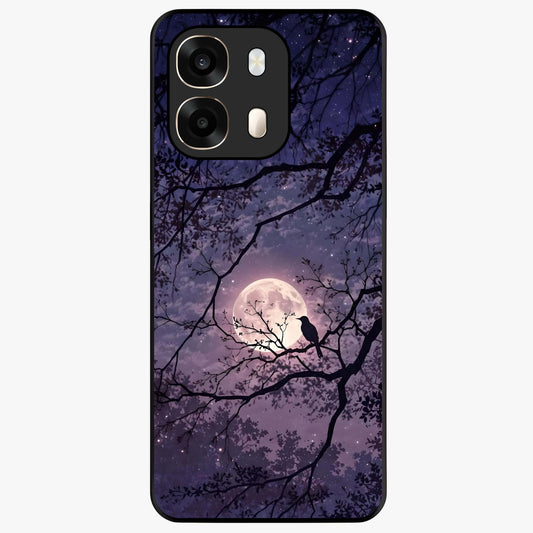 Whispering Moon Silence Glass Case showing flat back view with serene moon themed artwork and glossy glass finish.