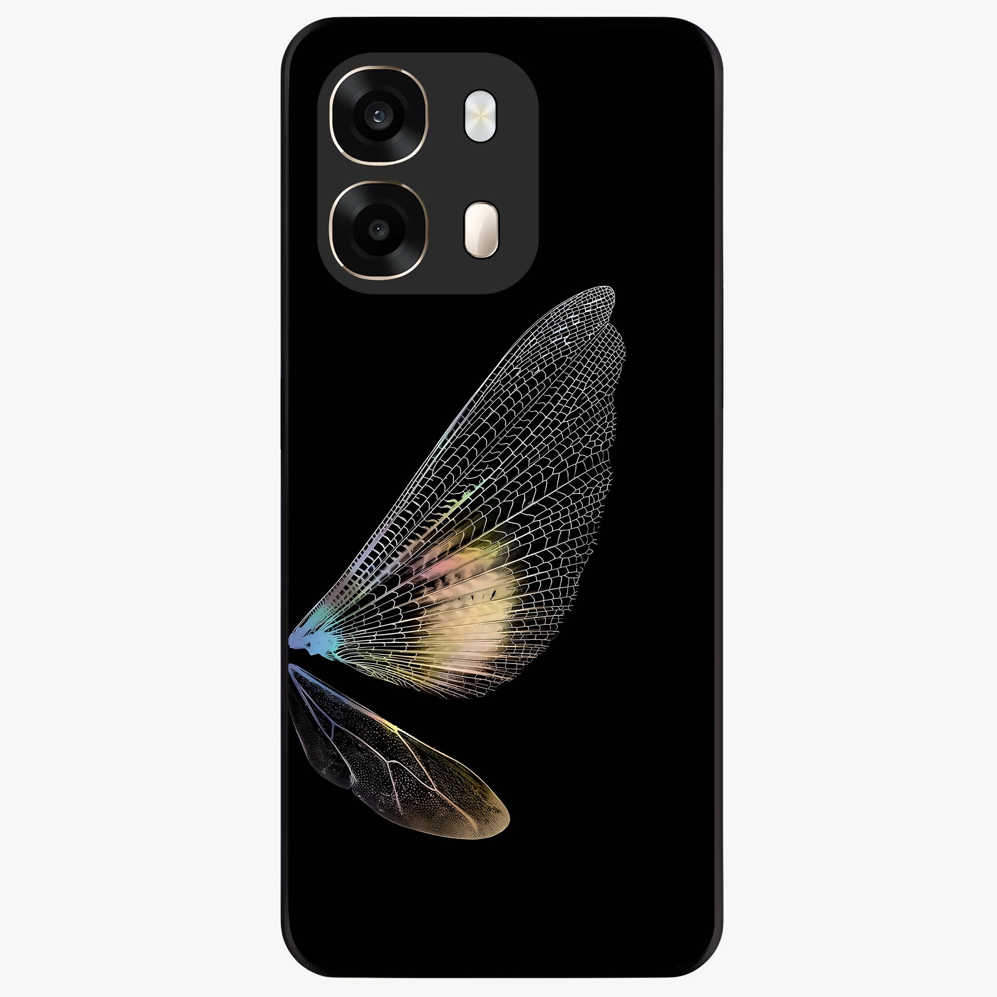 Whispers Of Wings Glass Case showing flat back view with graceful wing inspired artwork and glossy glass finish.