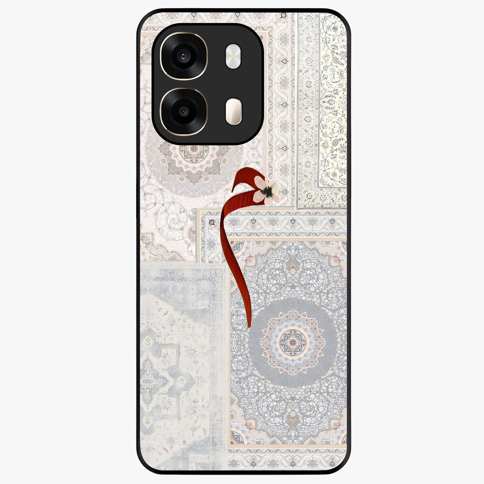 White Aesthetic Bow Glass Case showing flat back view with minimal bow artwork and glossy glass finish.