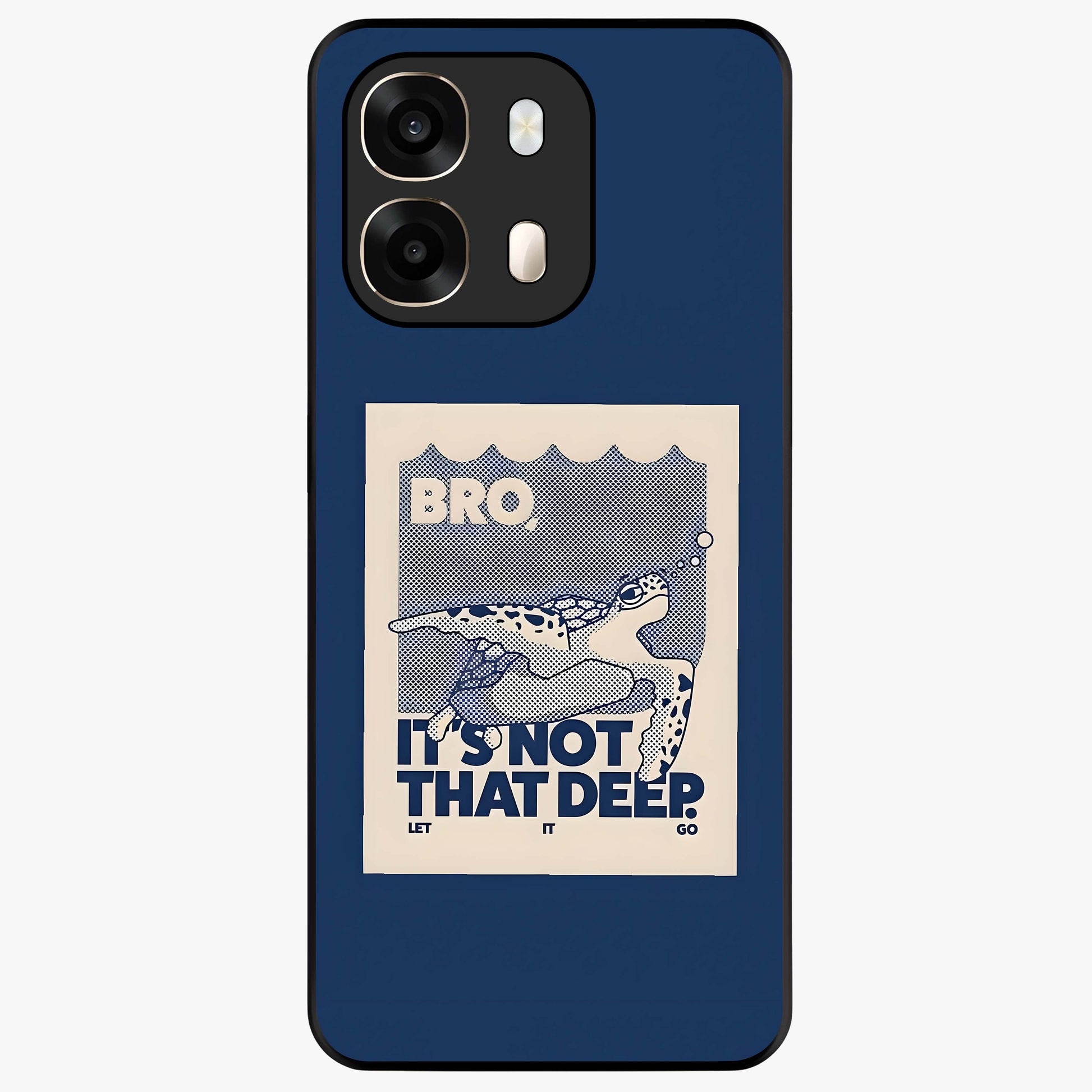 Worry Less Swim Glass Case showing flat back view with playful motivational artwork and glossy glass finish.