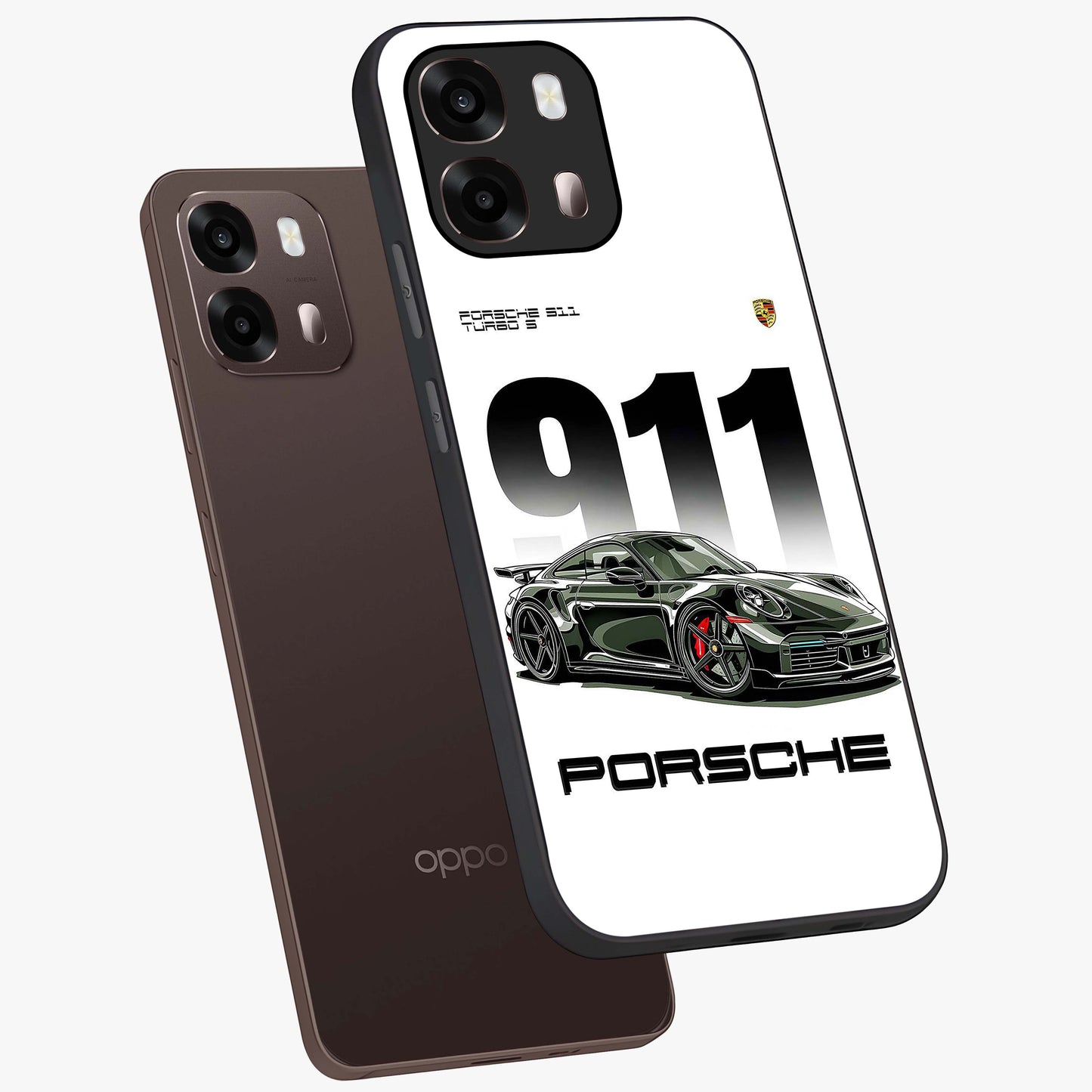 911 Turbo Dominance Glass Case displayed in premium angled mockup highlighting sporty car illustration and sleek glass surface.