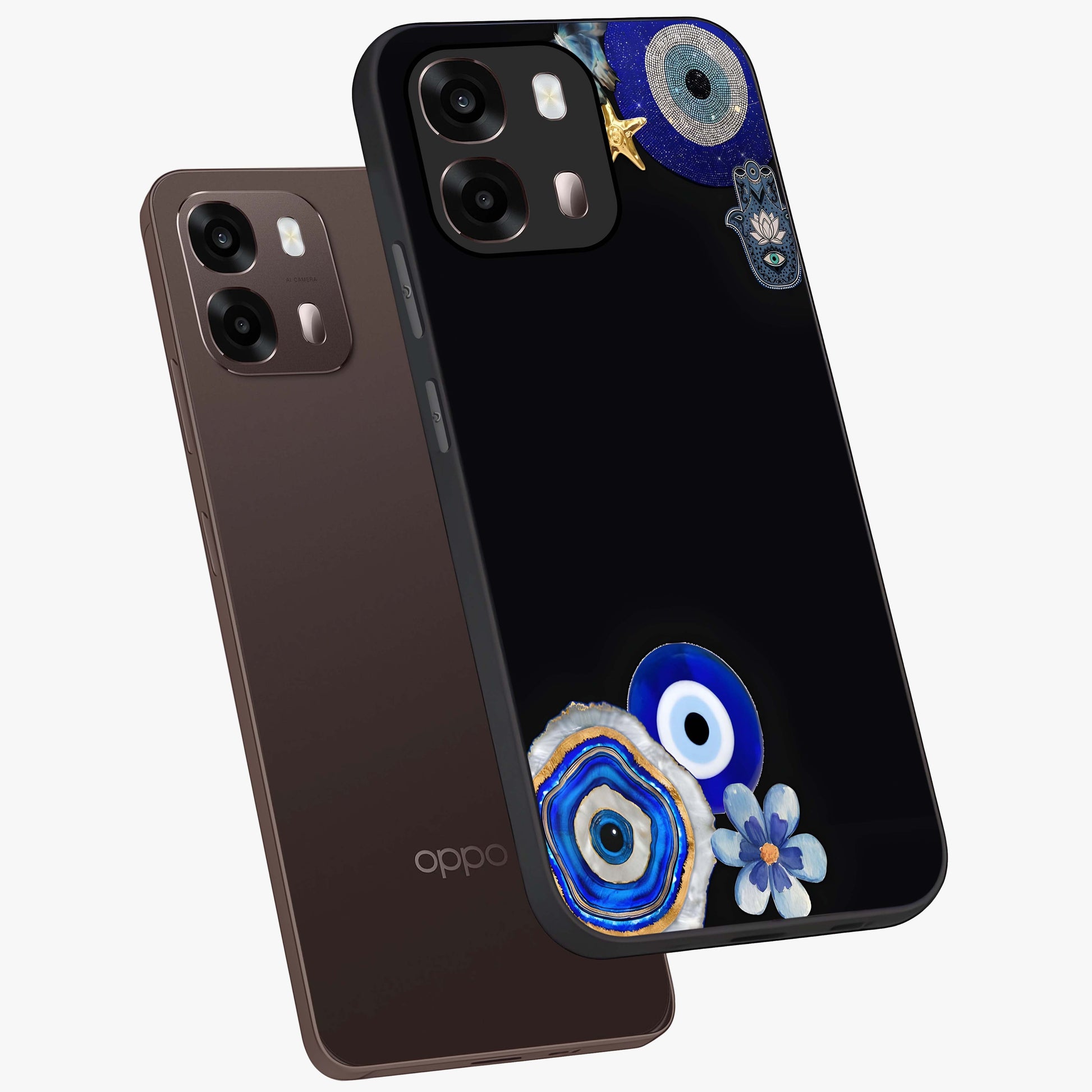 Aesthetic Blue Evil Eye Glass Case displayed in angled mockup highlighting blue evil eye symbol and spiritual aesthetic design.