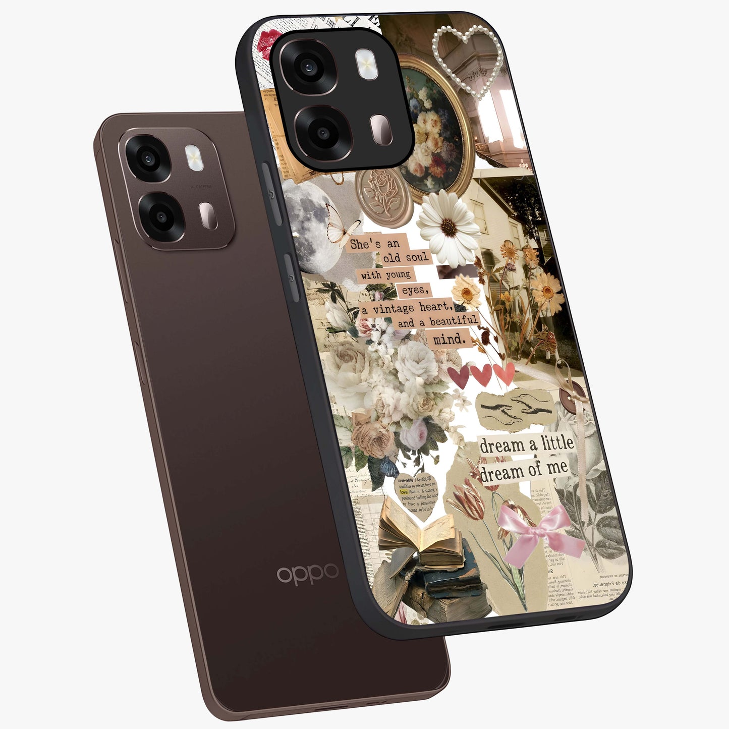 Aesthetic Brown Vintage Collage Glass Case displayed in angled mockup highlighting vintage aesthetic collage design.