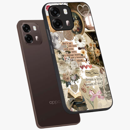 Aesthetic Brown Vintage Collage Glass Case displayed in angled mockup highlighting vintage aesthetic collage design.