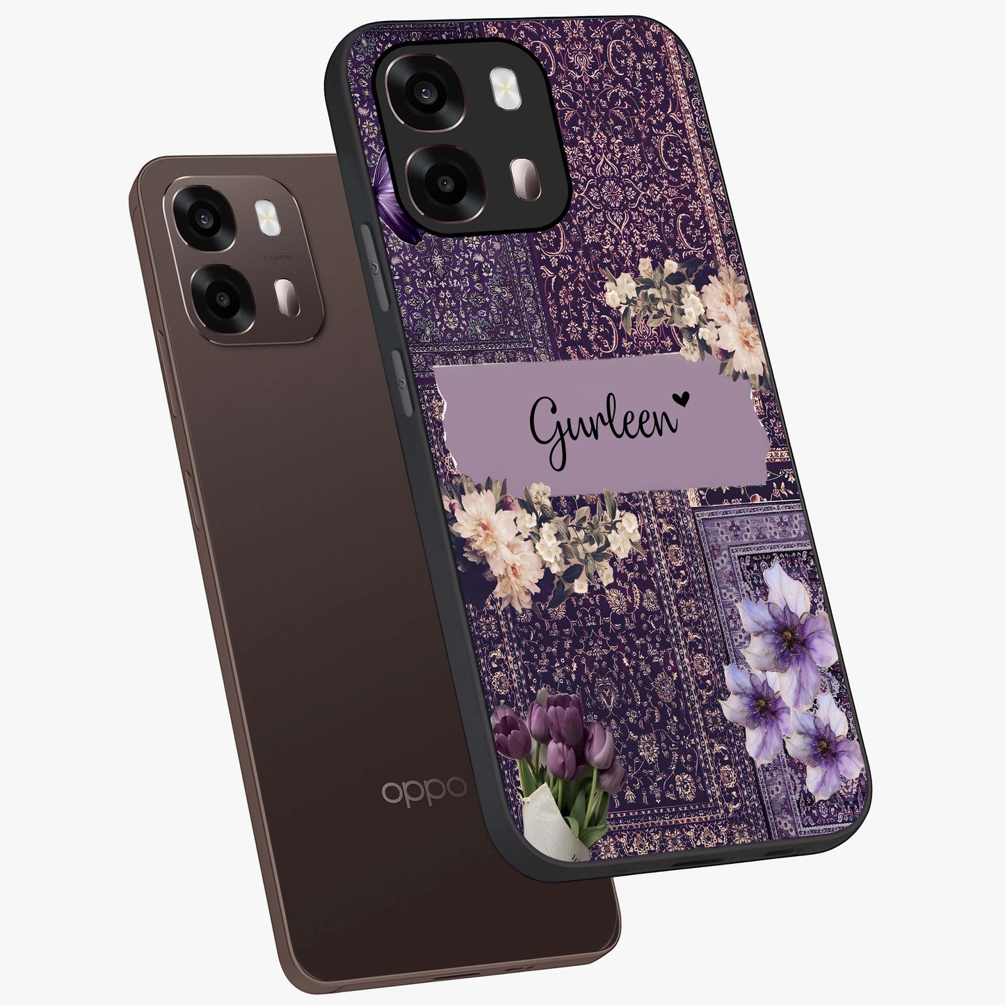 Antique Floral Whisper Custom Name Glass Case displayed in angled mockup highlighting elegant antique floral aesthetic.