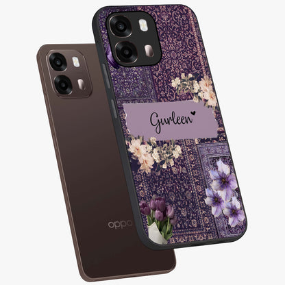 Antique Floral Whisper Custom Name Glass Case displayed in angled mockup highlighting elegant antique floral aesthetic.