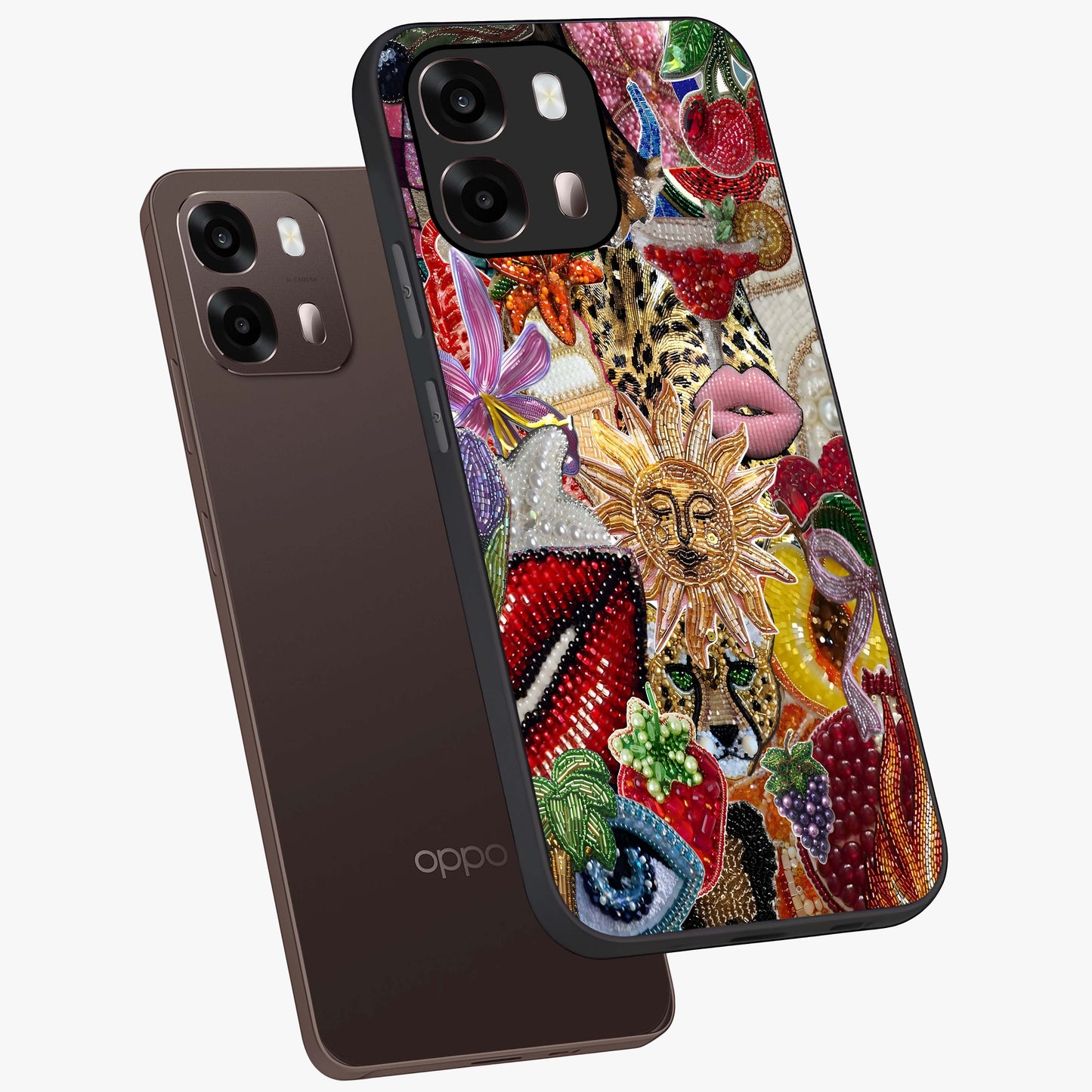 Beaded Fashion Jungle Glass Case displayed in angled mockup highlighting colorful fashion bead design and artistic pattern.