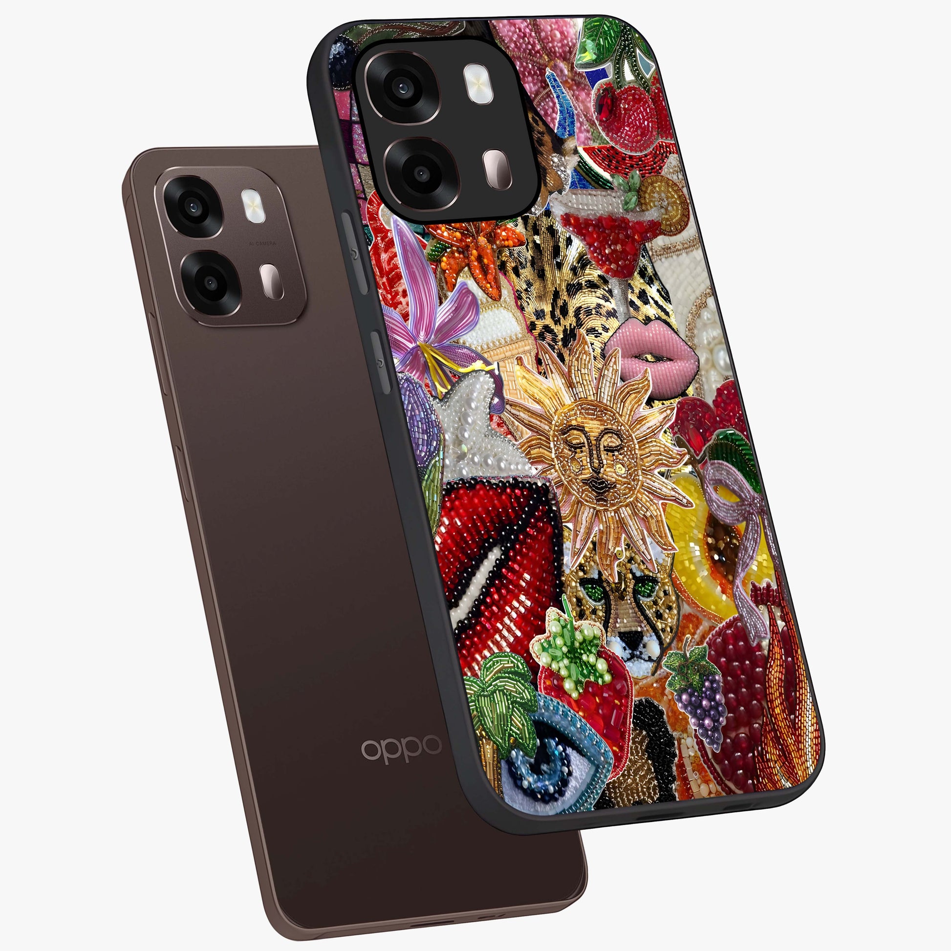Beaded Fashion Jungle Glass Case displayed in angled mockup highlighting colorful fashion bead design and artistic pattern.