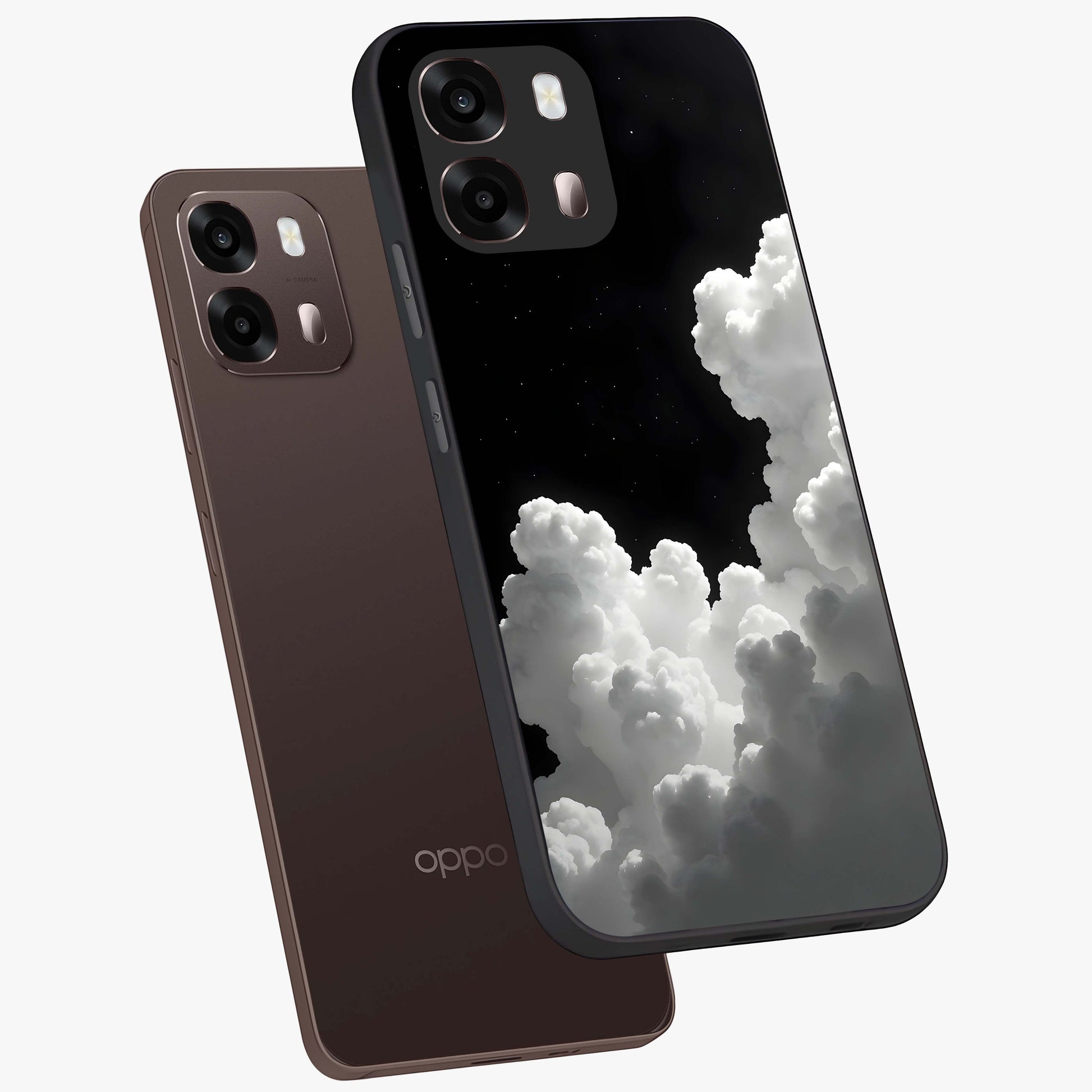 Black Background With White Cloud Glass Case displayed in angled mockup highlighting soft white cloud illustration and minimal design.