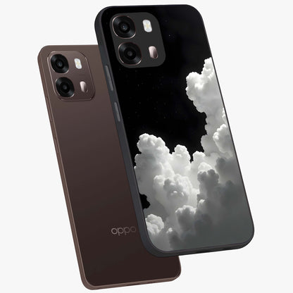 Black Background With White Cloud Glass Case displayed in angled mockup highlighting soft white cloud illustration and minimal design.