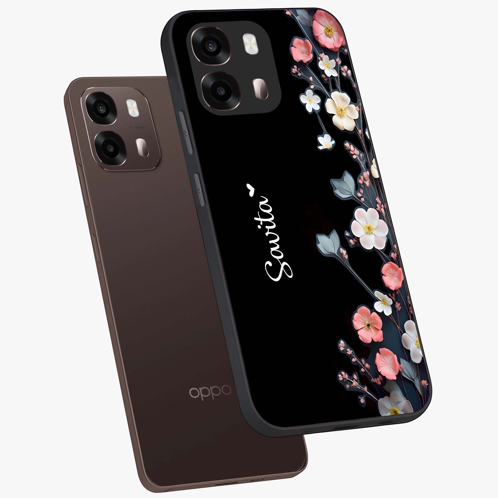 Black Elegance Floral Custom Name Glass Case displayed in angled mockup highlighting dark floral aesthetic and custom name feature.