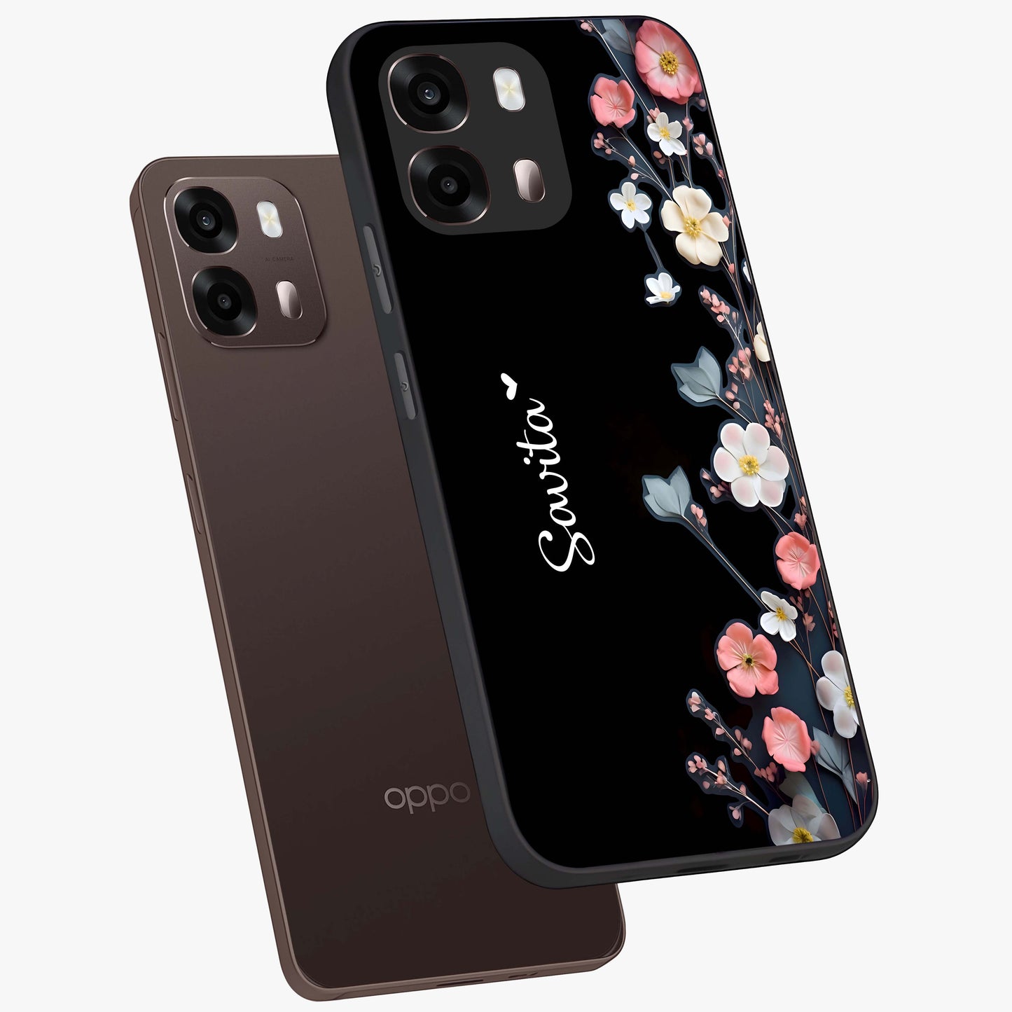 Black Elegance Floral Custom Name Glass Case displayed in angled mockup highlighting dark floral aesthetic and custom name feature.