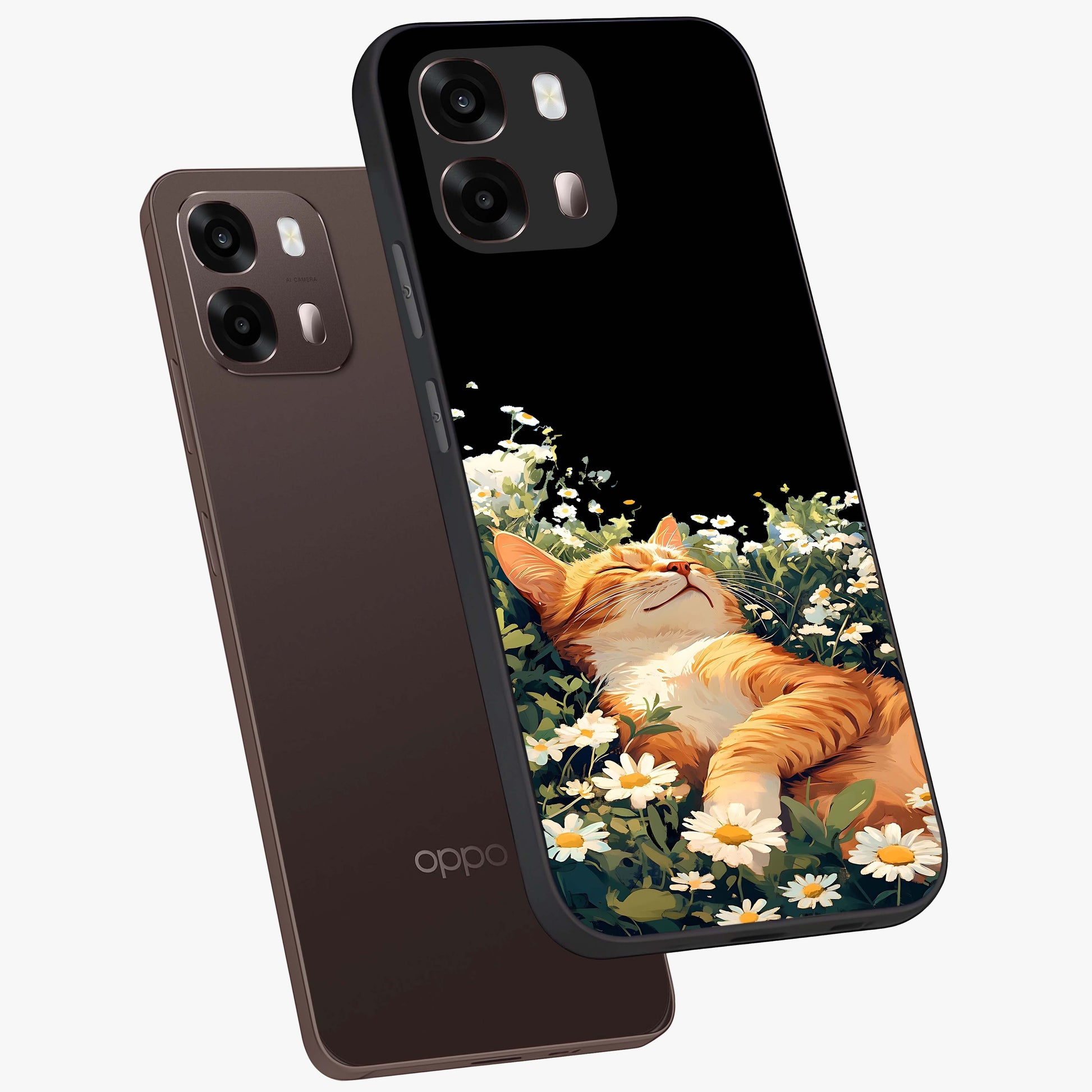 Blissful Bloom Cat Glass Case displayed in angled mockup highlighting playful feline illustration with soft floral aesthetic.