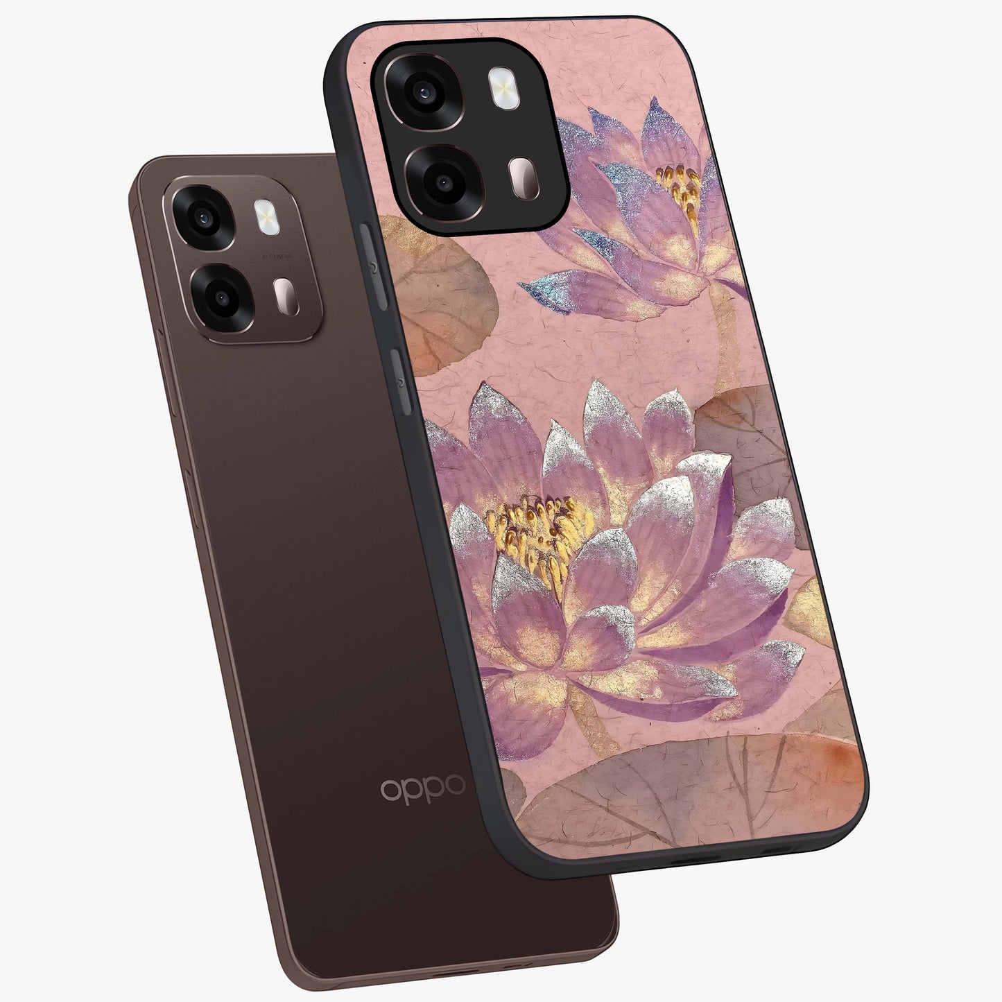 Blossom Mist Lotus Glass Case displayed in angled mockup highlighting delicate lotus illustration with calm aesthetic theme.