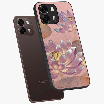 Blossom Mist Lotus Glass Case displayed in angled mockup highlighting delicate lotus illustration with calm aesthetic theme.