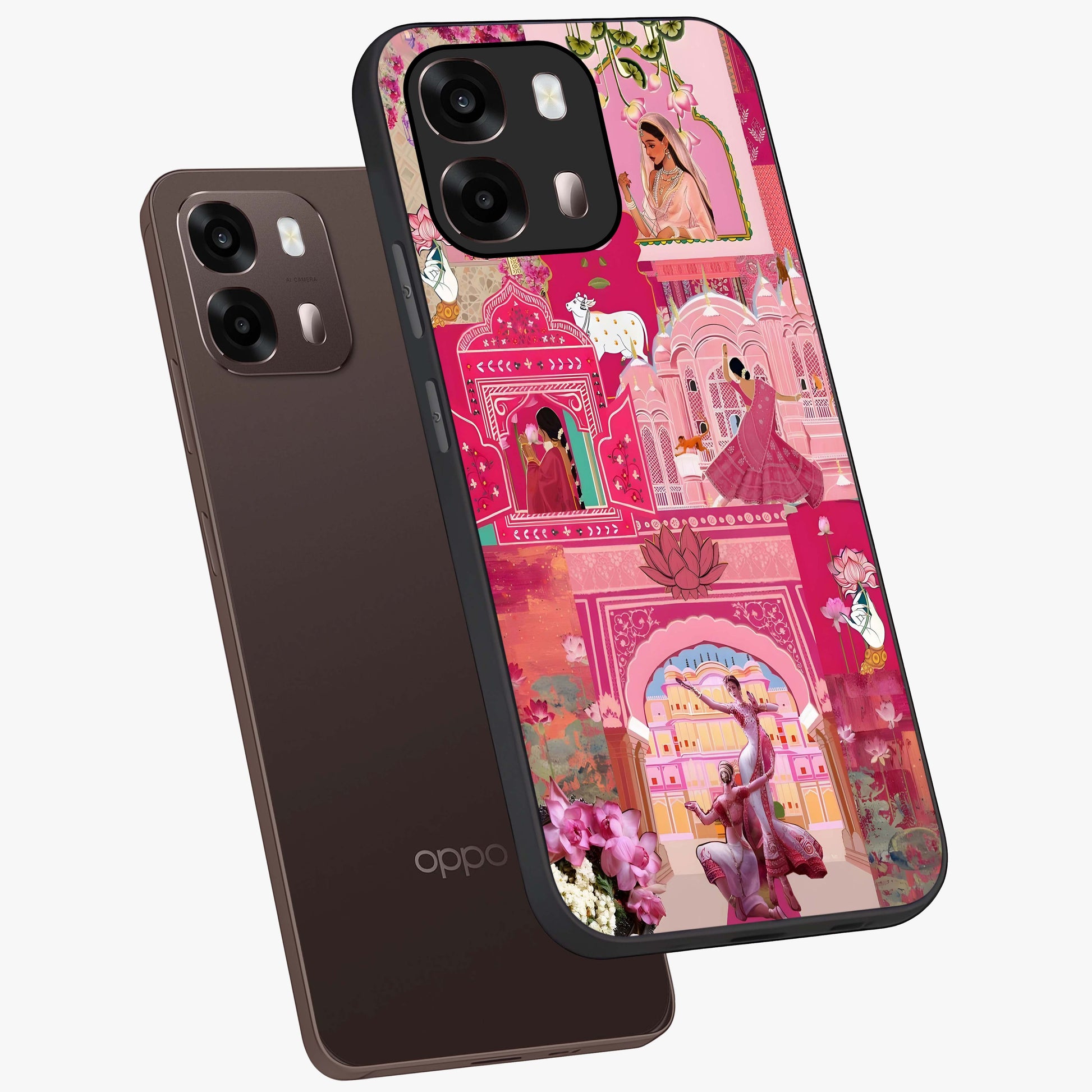 Blossoms of Rajasthan Glass Case displayed in angled mockup highlighting vibrant floral pattern with cultural aesthetic style.