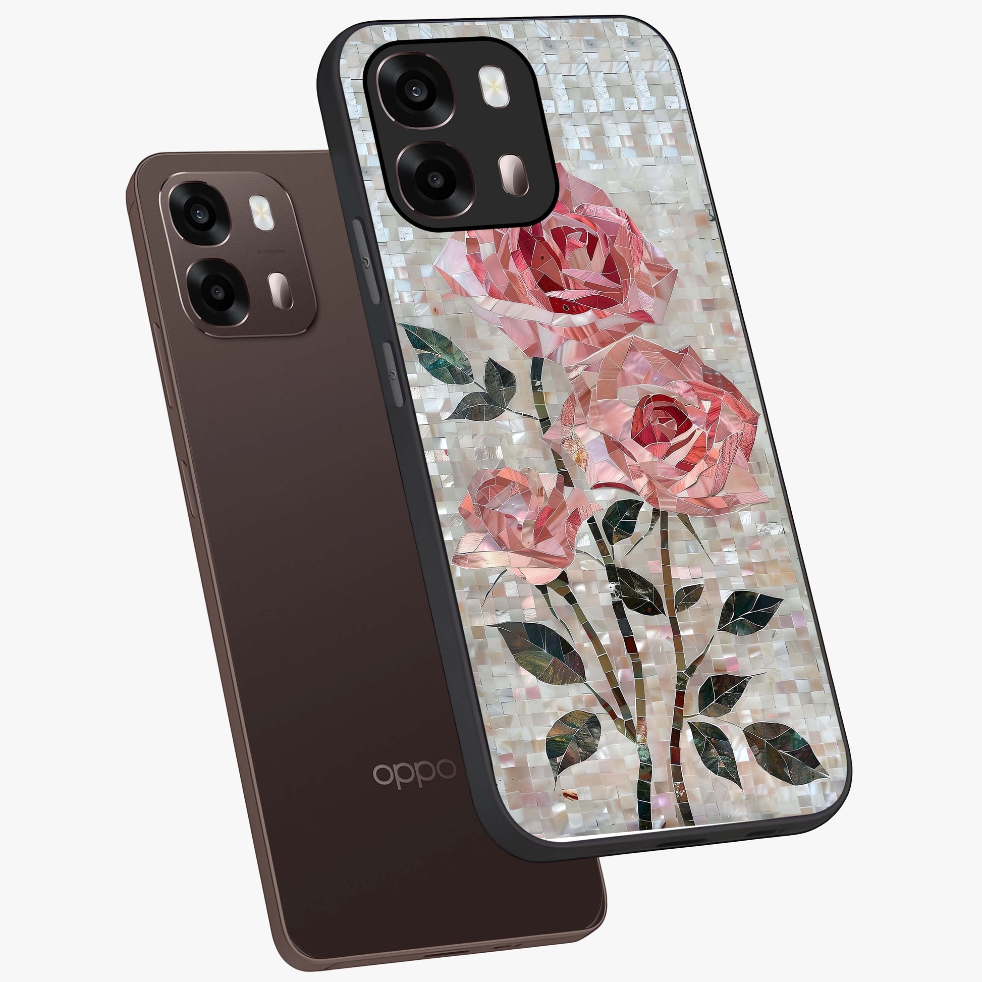 Blush Mosaic Bloom Glass Case displayed in angled mockup highlighting artistic mosaic flower pattern with aesthetic design.
