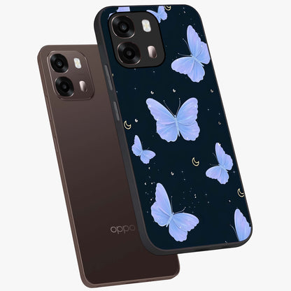 Butterfly With Stars Pattern Glass Case displayed in angled mockup highlighting dreamy butterfly and star design with aesthetic theme.