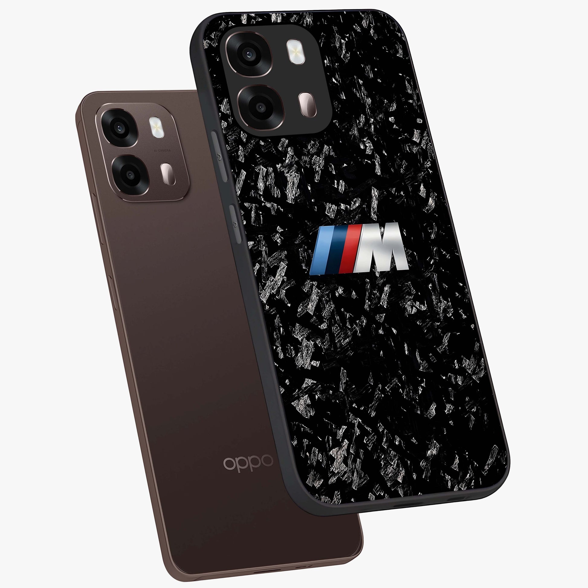 Carbon Speed Mark Glass Case displayed in angled mockup highlighting racing inspired carbon design and sleek aesthetic style.
