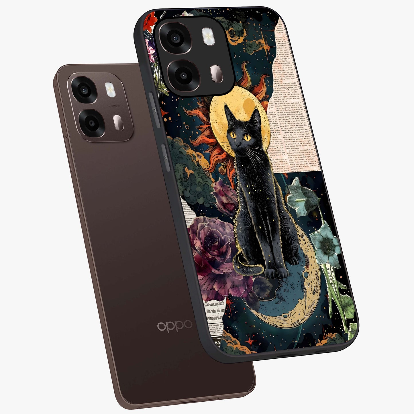 Celestial Black Cat Glass Case displayed in angled mockup highlighting cosmic black cat design with celestial aesthetic.