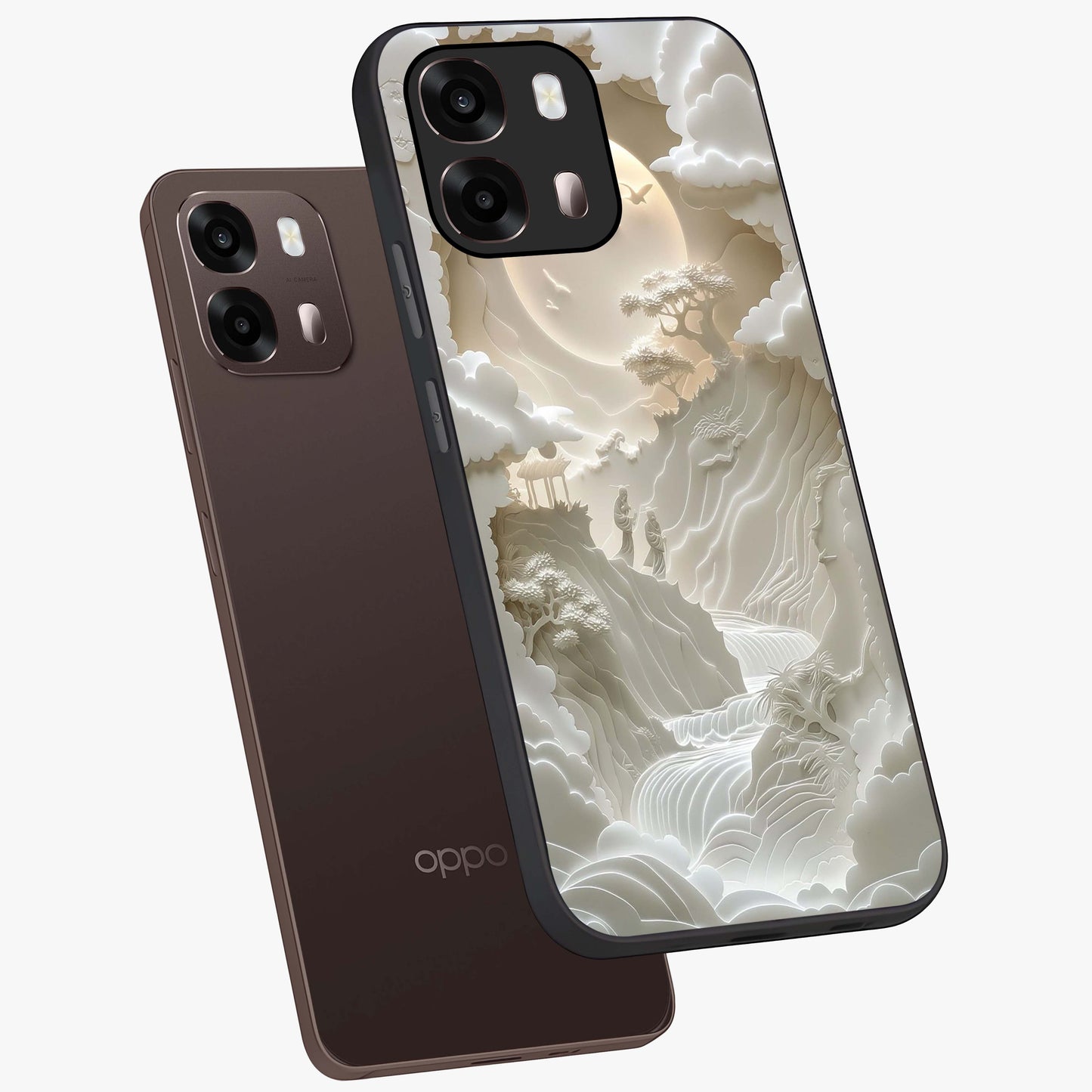 Celestial Origami Glass Case displayed in angled mockup highlighting geometric origami design with cosmic aesthetic theme.