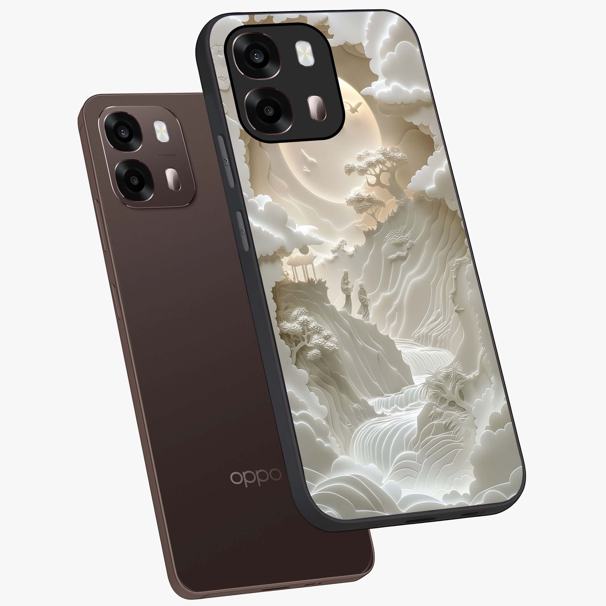 Celestial Origami Glass Case displayed in angled mockup highlighting geometric origami design with cosmic aesthetic theme.