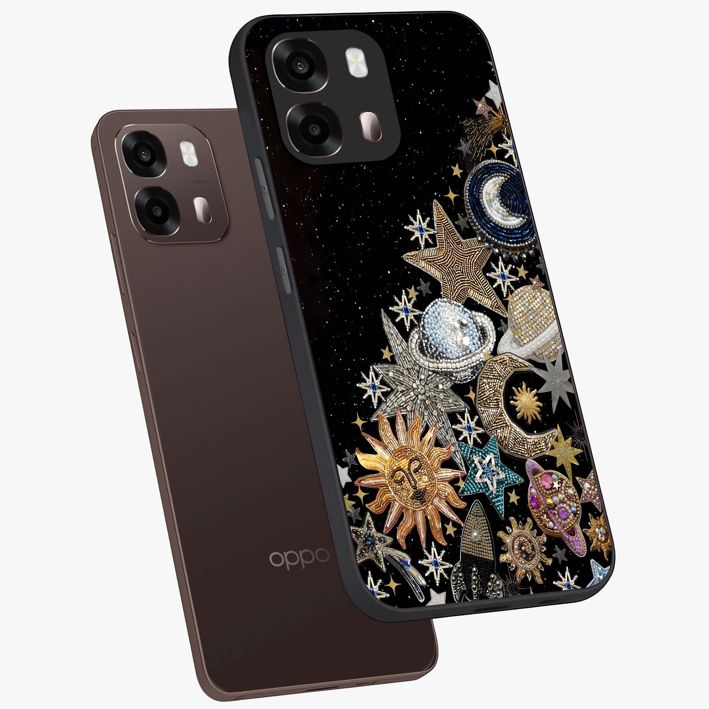Cosmic Sparkle Dreams Glass Case displayed in angled mockup highlighting dreamy star sparkle design with celestial aesthetic.