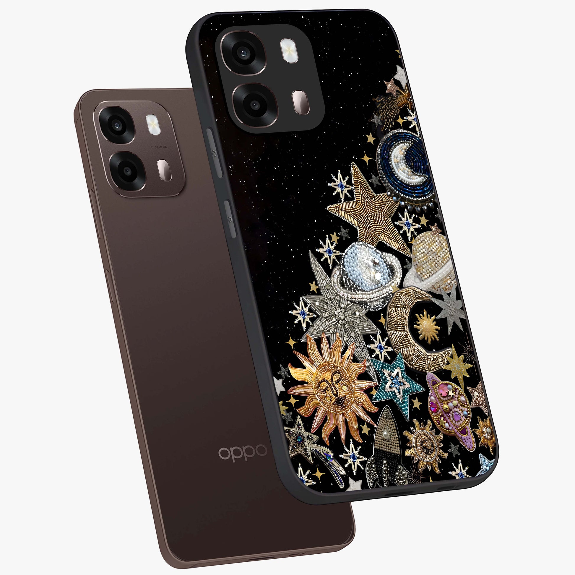 Cosmic Sparkle Dreams Glass Case displayed in angled mockup highlighting dreamy star sparkle design with celestial aesthetic.