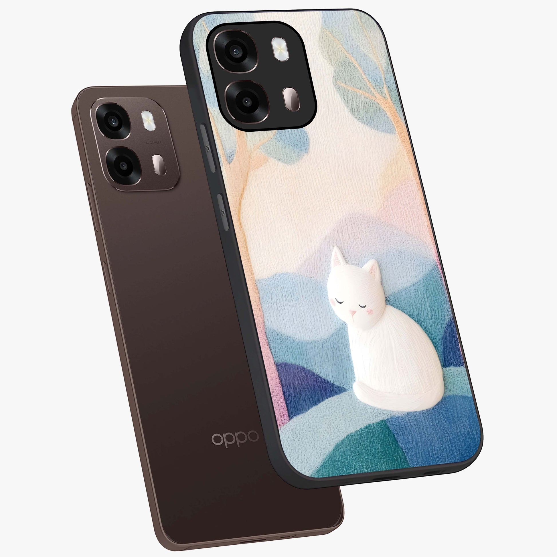 Cotton Dream Cat Glass Case displayed in angled mockup highlighting cute feline illustration with pastel aesthetic style.