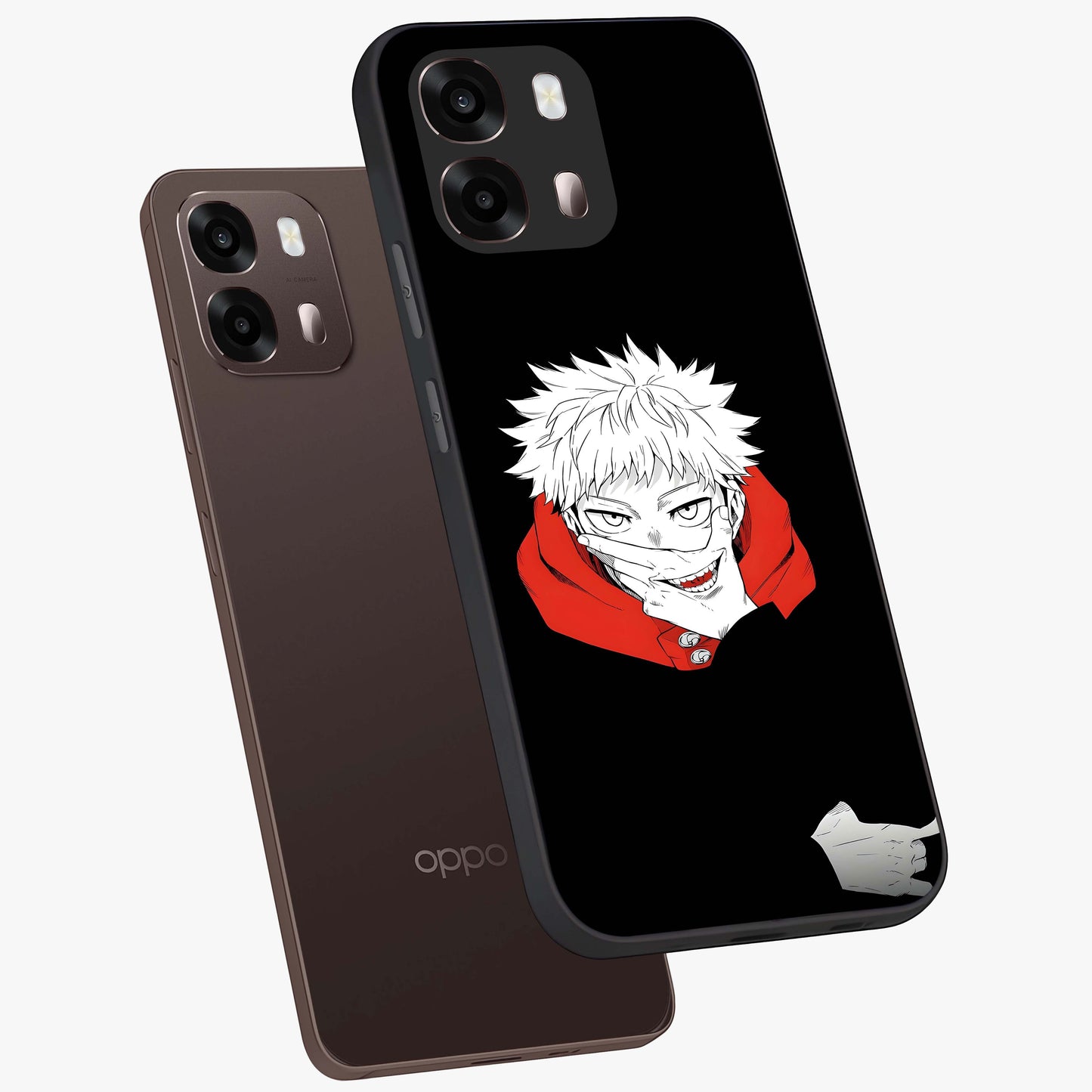 Crimson Chaos Smile Glass Case displayed in angled mockup highlighting edgy crimson smile design with graphic aesthetic.