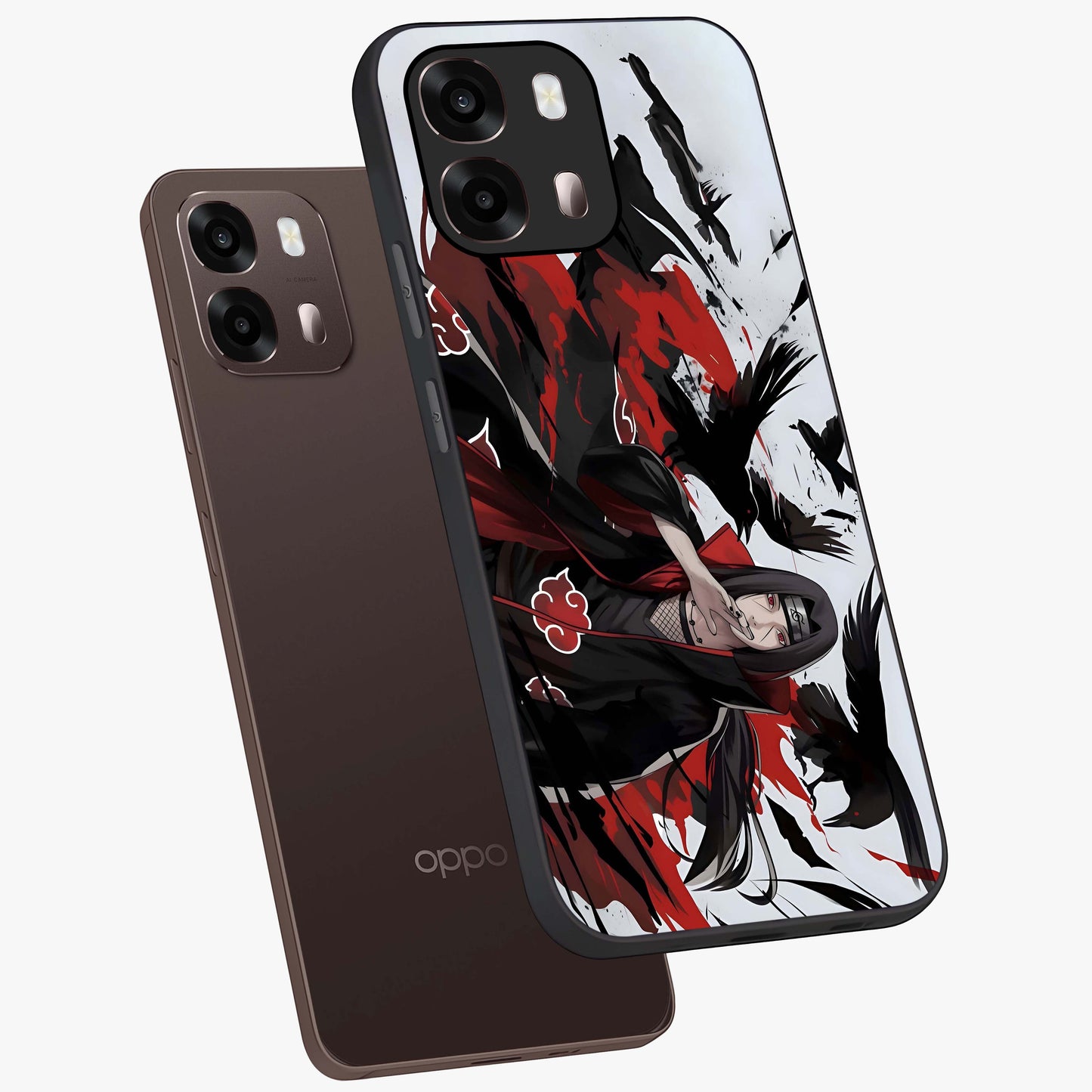 Crimson Crow Illusion Glass Case displayed in angled mockup highlighting mysterious crow graphic with dark aesthetic style.