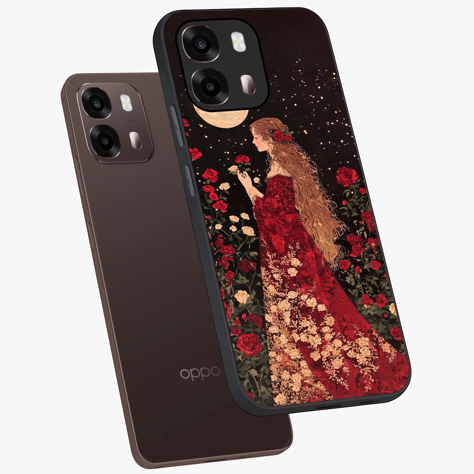 Crimson Dreams Glass Case displayed in angled mockup highlighting soft crimson aesthetic design with artistic theme.