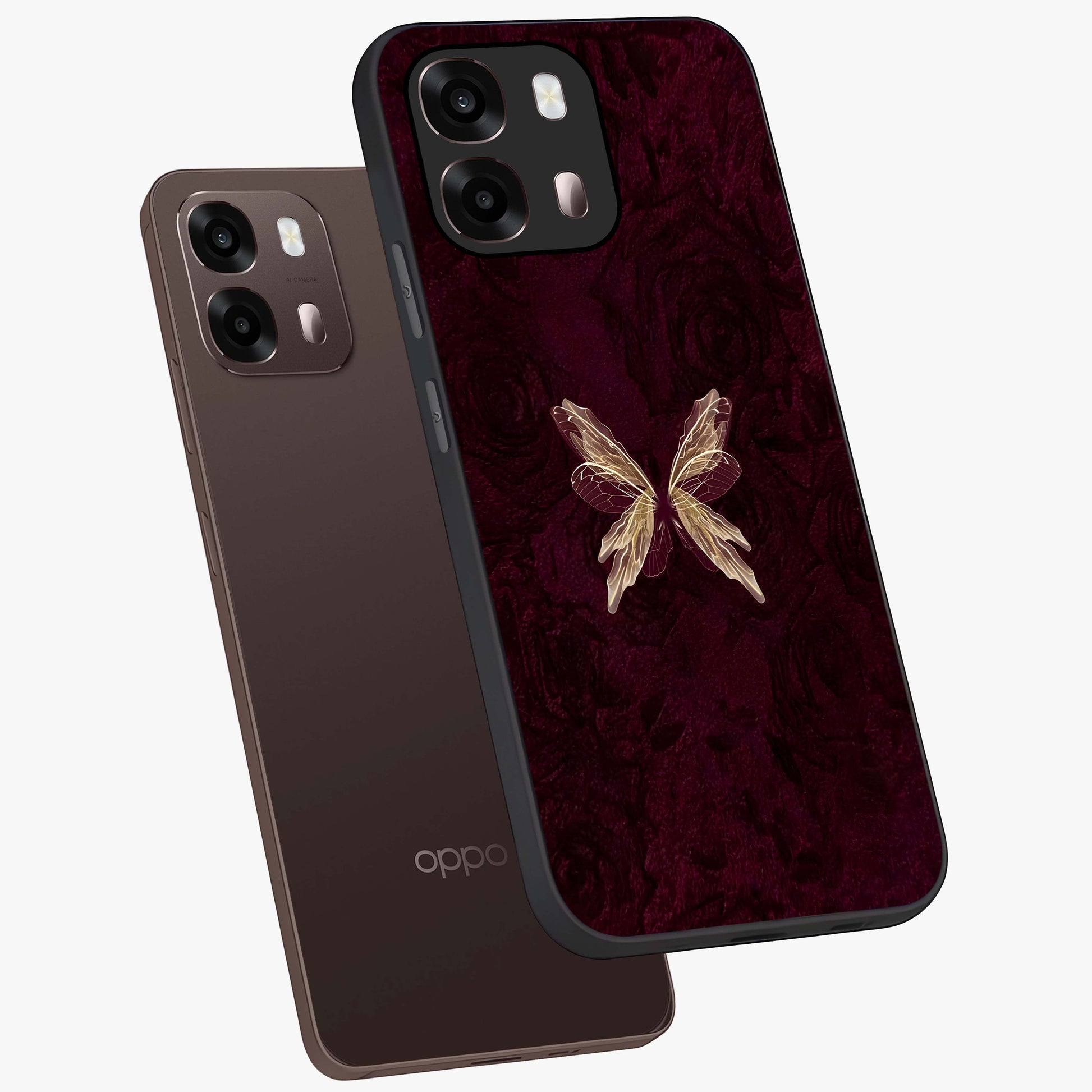 Crimson Fade Butterfly Glass Case displayed in angled mockup highlighting elegant butterfly design with crimson gradient aesthetic.