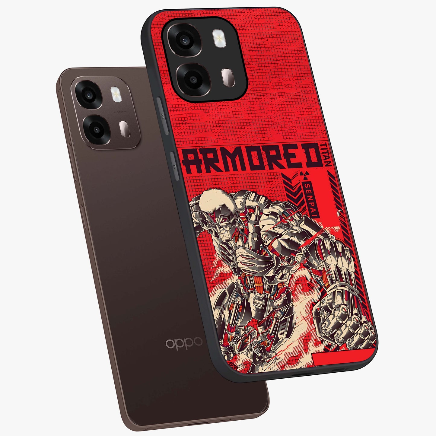 Crimson Mecha Titan Glass Case displayed in angled mockup highlighting futuristic mech illustration with bold crimson aesthetic.