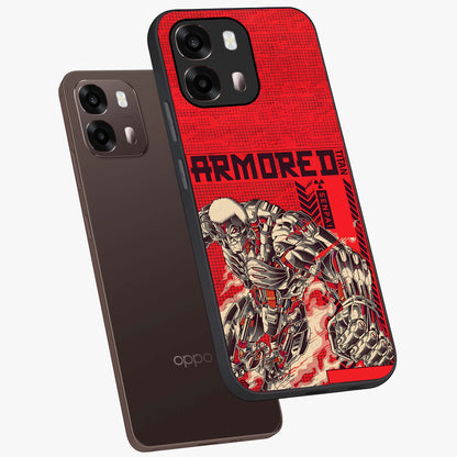 Crimson Mecha Titan Glass Case displayed in angled mockup highlighting futuristic mech illustration with bold crimson aesthetic.