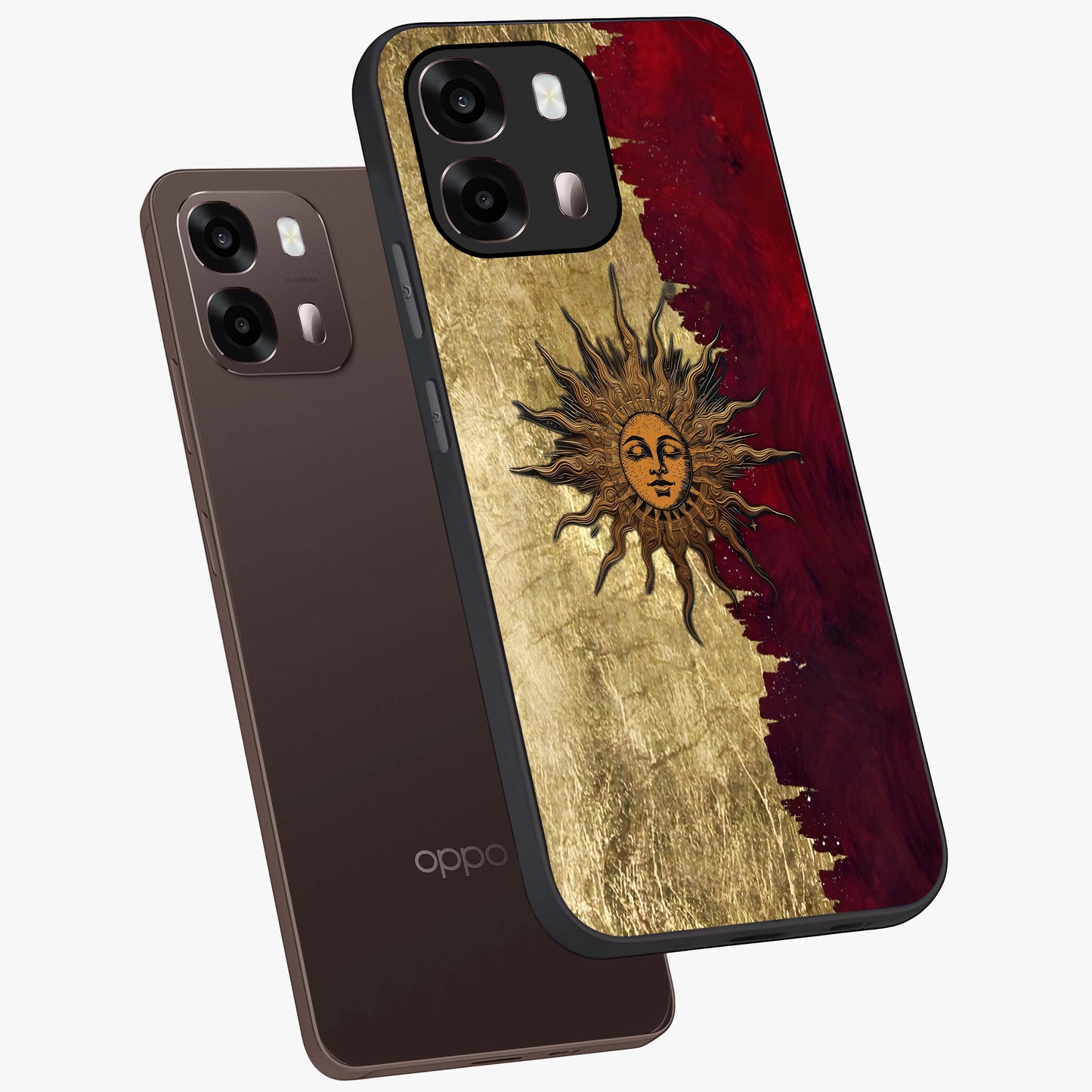 Crimson Sun Majesty Glass Case displayed in angled mockup highlighting majestic crimson sun design with bold aesthetic style.