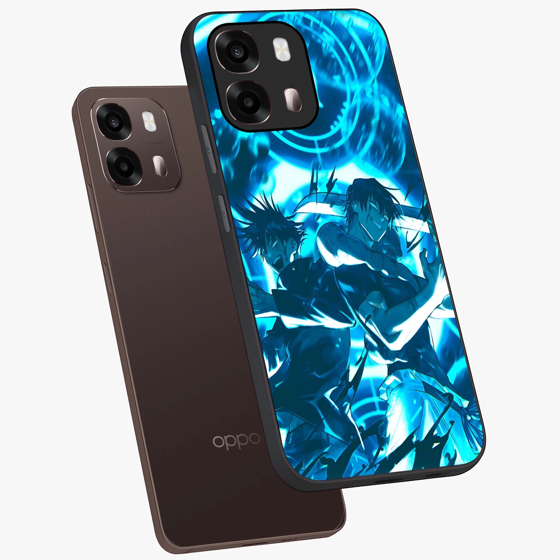 Cursed Energy Clash Glass Case displayed in angled mockup highlighting powerful battle inspired graphic with anime style aesthetic.