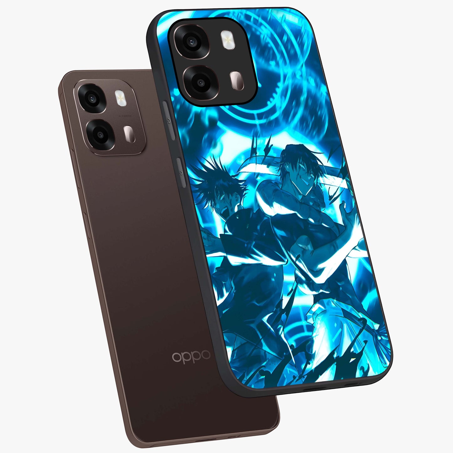 Cursed Energy Clash Glass Case displayed in angled mockup highlighting powerful battle inspired graphic with anime style aesthetic.