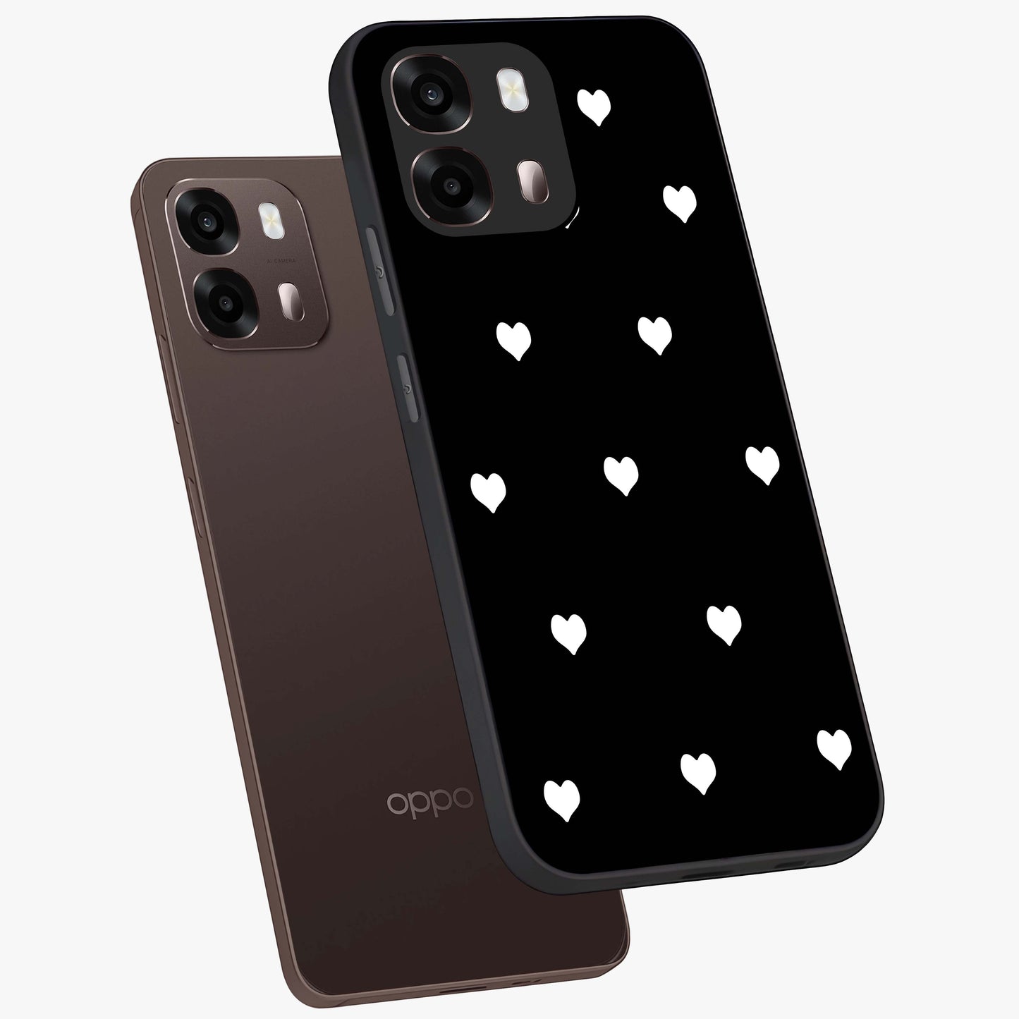Cute And Simple White Hearts Glass Case displayed in angled mockup highlighting cute heart design with clean aesthetic style.