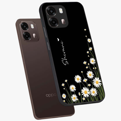 Daisy Cascade Custom Name Glass Case displayed in angled mockup highlighting delicate daisy artwork with custom name feature.