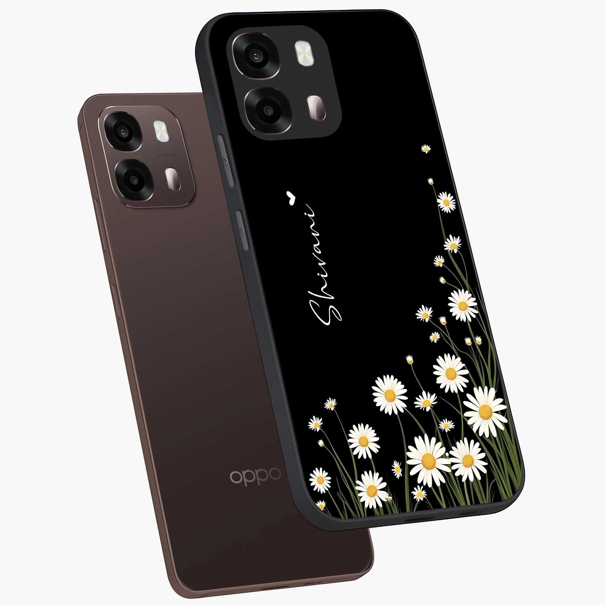 Daisy Cascade Custom Name Glass Case displayed in angled mockup highlighting delicate daisy artwork with custom name feature.