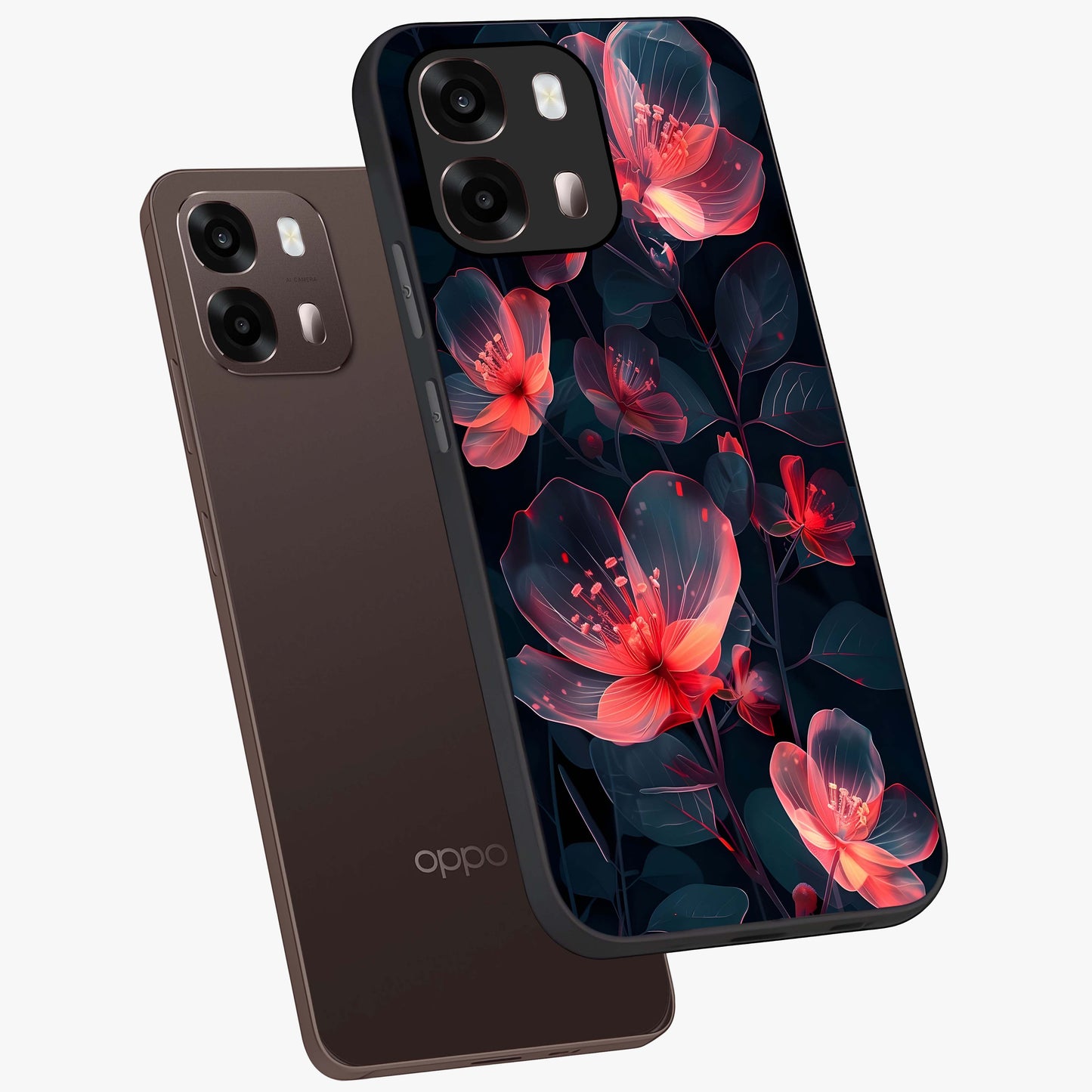 Dark Shade of Flower Glass Case displayed in angled mockup highlighting moody floral illustration with aesthetic dark tones.