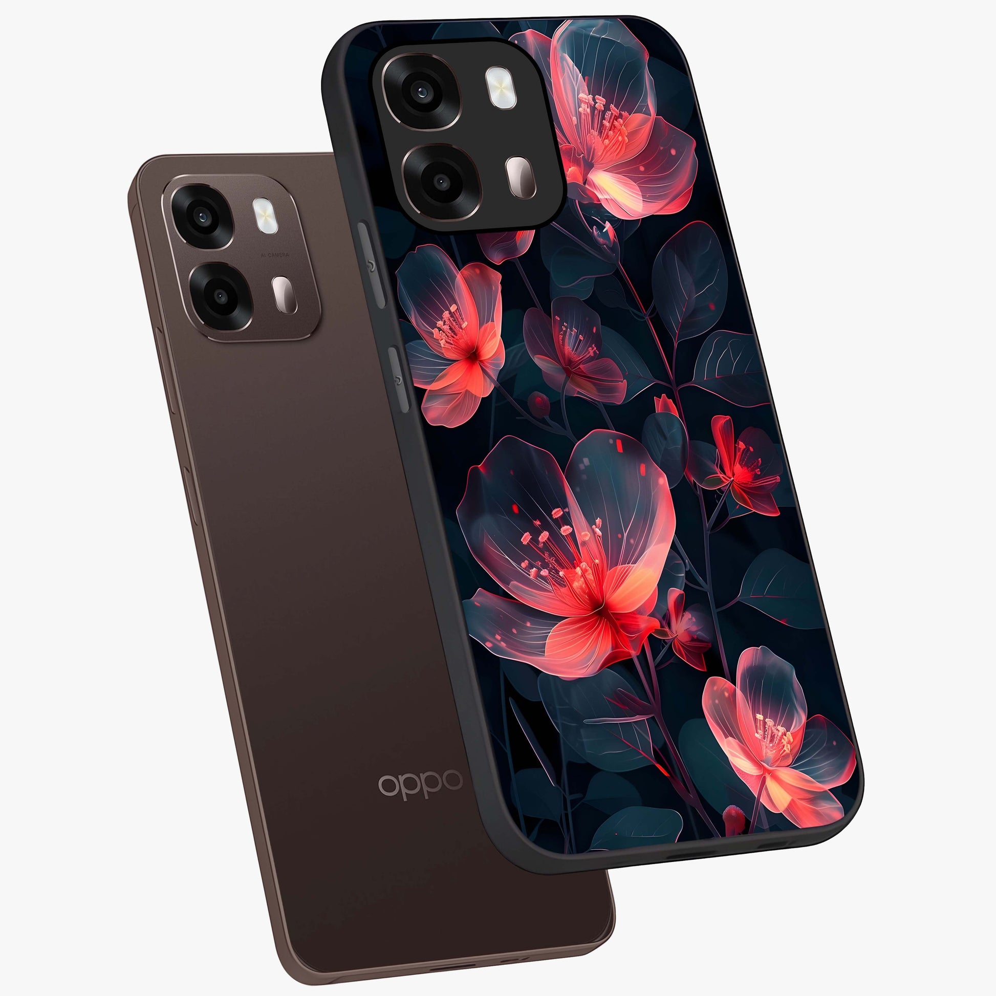 Dark Shade of Flower Glass Case displayed in angled mockup highlighting moody floral illustration with aesthetic dark tones.