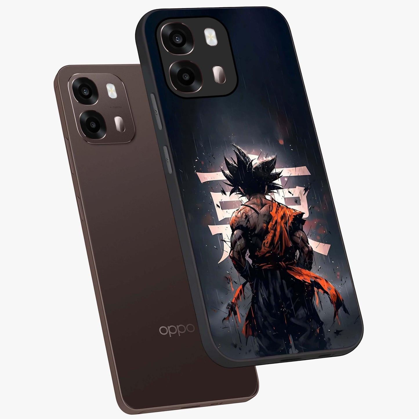 Dark Warrior In Rain Glass Case displayed in angled mockup highlighting dramatic warrior illustration with dark rain aesthetic.
