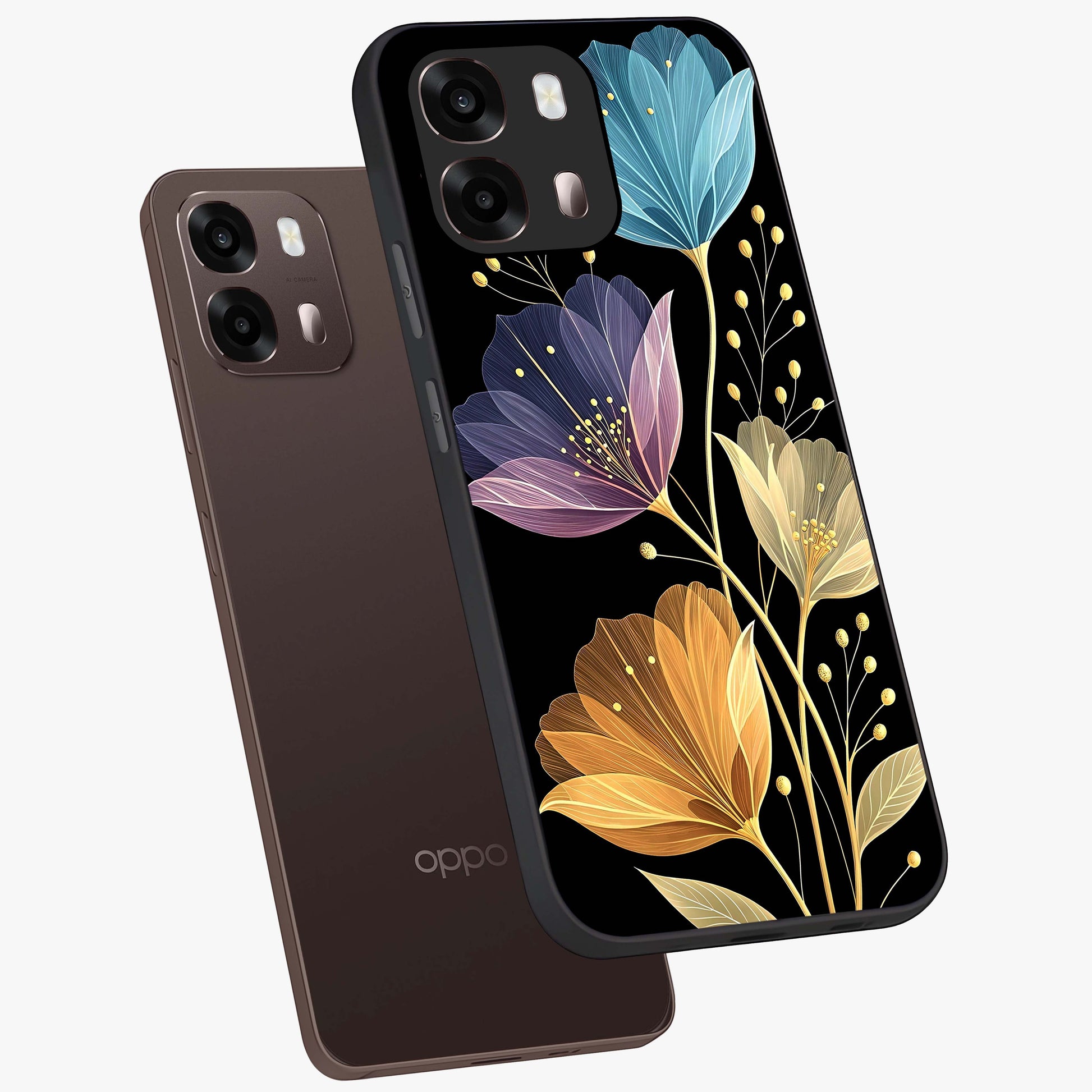 Delicate Multicolor Flowers Glass Case displayed in angled mockup highlighting colorful flower pattern with soft aesthetic style.