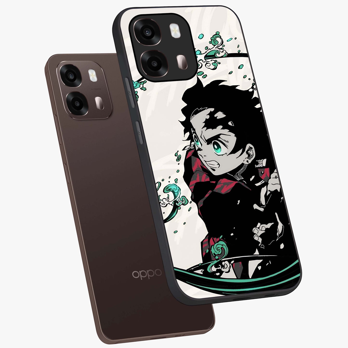 Demon Slayer Glass Case displayed in angled mockup highlighting dramatic anime character design with action aesthetic.